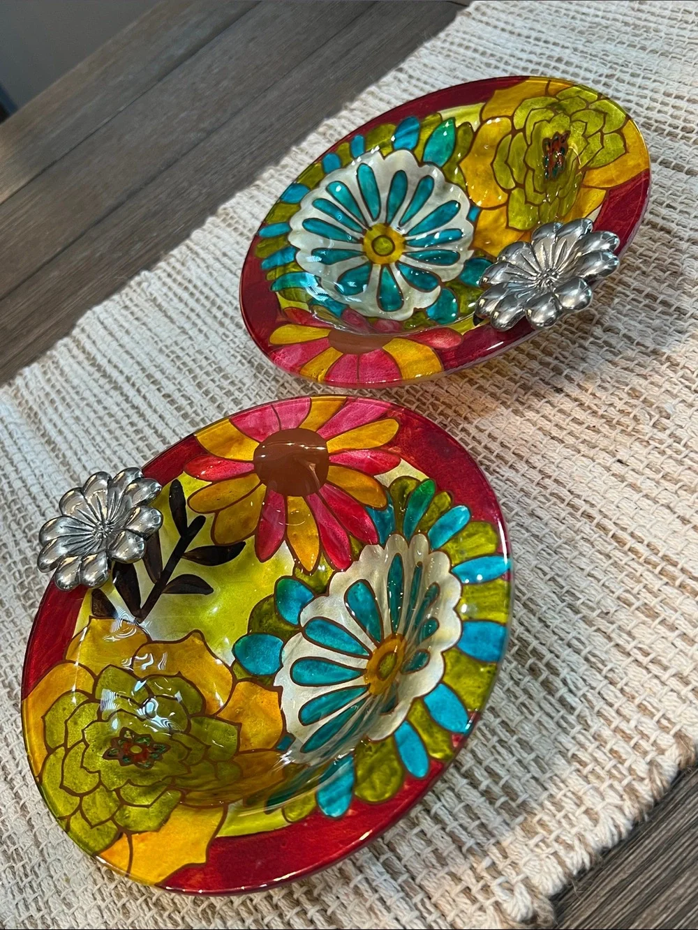 Rare Hand-Painted Floral Glass Bowls by Jennifer Brinley Entitled Natures Garden
